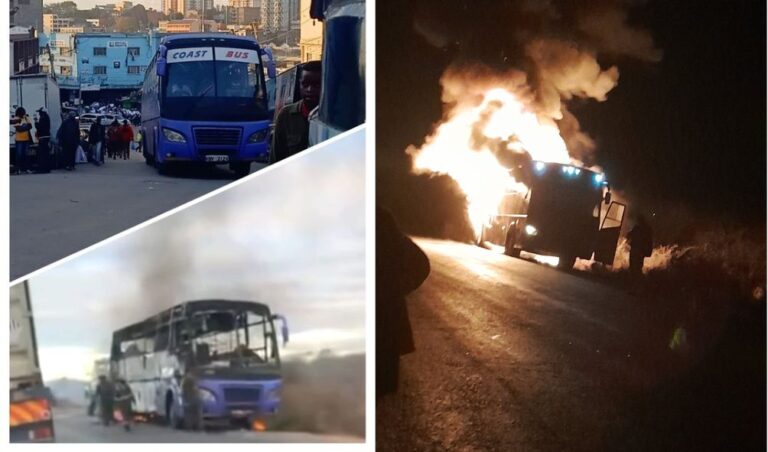 60-Seater Bus Bursts Into Flames Causing Traffic Snarl-Up Along Nairobi-Mombasa Highway